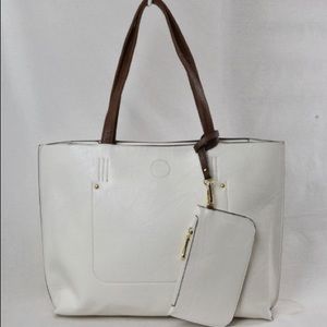 White / Brown Tote Bag With Matching Wristlet